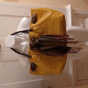 Penelope Ann mustard vinyl bag with scarf